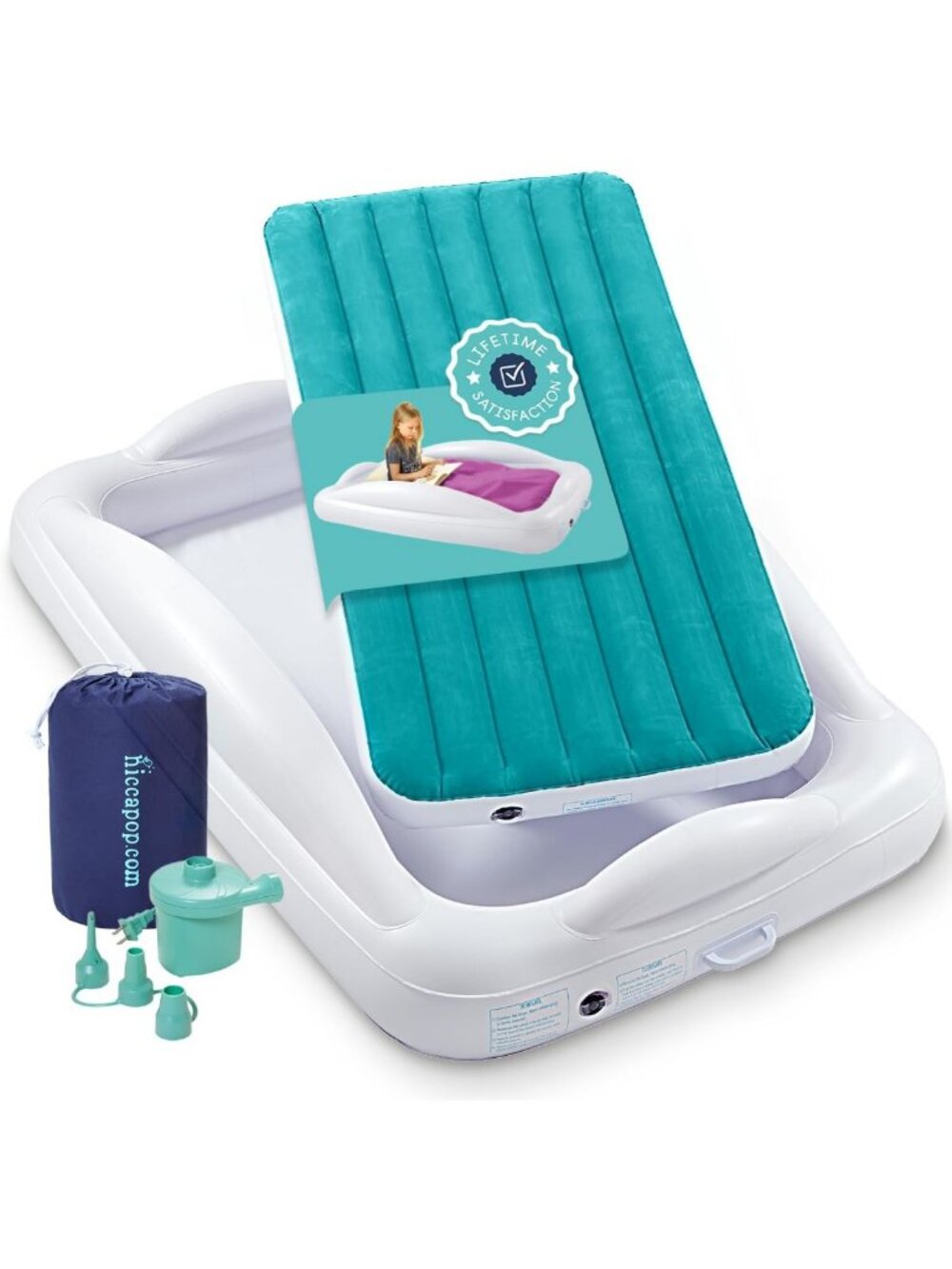 Cozy Inflatable Toddler Travel Bed with Safety Bumpers - Teal Blue, Portable